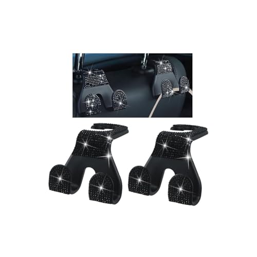 HZEL Bling Car Headrest Hooks, 2PCS Crystal Rhinestone 2 in 1 Vehicle Back Seat Purse Bag Hook for Woman Girl, Auto Interior Hanger Storage Accessories, Universal for SUV Sedan Truck (Black) - color: Black