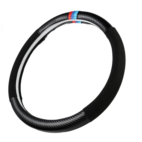 Carbon Fiber + Sporty Suede Steering Wheel Cover with Sporty Top Stripes, Non-Slip and Sweat Absorbent Universal fit Any 14 ½ to 15 inches SW for Most Car SUV Pickup - color: carbon pattern+black suede grip+stripes