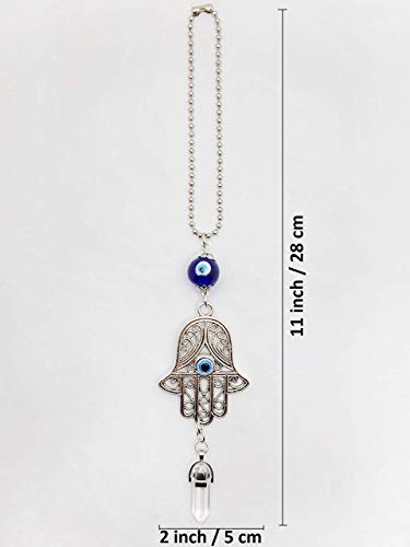 LUCKBOOSTIUM Hamsa Hand Amulet - Evil Eye Car Hanging Ornament, Gemstone Rearview Mirror Charm, Protective Car Accessory for Luck, Energy & Positivity (2"x11", Quartz) - color: Transparent Crystal