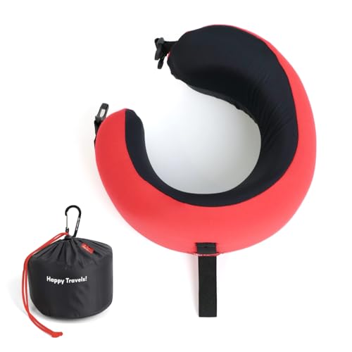 C CUSHION LAB Travel Pillow, Award-Winning Patented Ergonomic Design for Chin & Neck Support Memory Foam Neck Pillow, Compact Airplane Pillow for Traveling, Flight, Car (Bold Red, Medium) - color: Bold Red, size: Medium