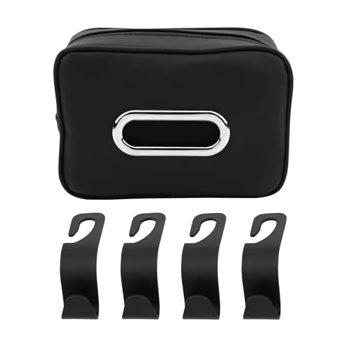 Car Tissue Box Holder, Backseat Rectangular Napkin Holder with 4 Hooks, Small 7.5in PU Leather Napkin Organizer with Metal Ring for Easy Pulling, Fits Headrest, Dashboard & Sun Visor(Color:Black)