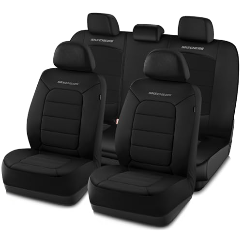 Skechers Memory Foam Seat Covers,Thick Cool Touch Fabric Car Seat Covers,Seat Cover Full Set Airbag Compatible,Automotive Comfort Protection for Most Cars,Vans,Trucks,SUV,Black - color: Black and Black, size: Full Set