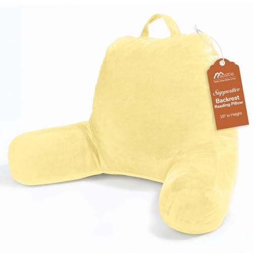 Sasttie Reading Pillow, Velvet Back Pillow for Bed Sitting Up, Adult Back-Rest Support Cushion with Arms for Sit Up on Couch, Sofa, and Floor, Dorm Essentials, Reading Accessories, Light Yellow - color: Light Yellow, size: Standard (18-Inch)