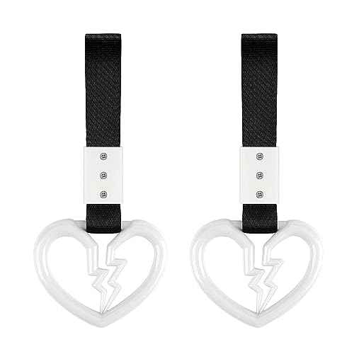 2 PCS Broken Heart Shaped Car Handle Straps Hang Ring Rear Bumper Warning Ring Decorative Subway Train Bus Handle Hand Strap Drift for Car (White) - color: White