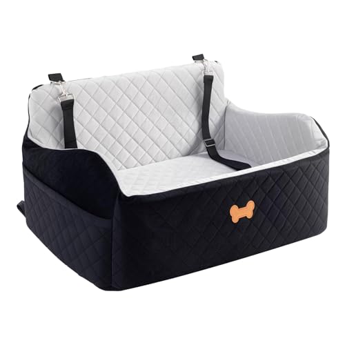 Car Seat for Large Size Dog, Booster Seat for Dogs Under 55 lbs or 2 Small Dogs, Soft Car Dog Bed Filling in Thick Memory Foam with 2 Safety Leashes and Storage Pocket (Grey/Black)
