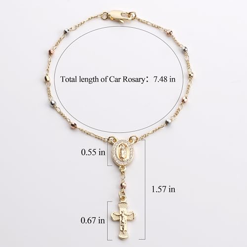 Gold Plated Beads Catholic Guadalupe Car Rearview Mirror Rosary Hanging Charm Chain for Women with Gift Box - color: Faceted Beads