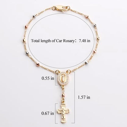 Gold Plated Beads Catholic Guadalupe Car Rearview Mirror Rosary Hanging Charm Chain for Women with Gift Box - color: Faceted Beads