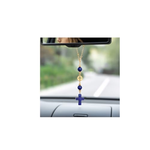 Cross Crystal Hanging Car Charm,Cute Healing Stones Car Decor for Rear View Mirror Boho Handmade Sun Catcher Ornament Accessories Lapis Lazuli Crystal Gifts for Women - color: Lapis Lazuli