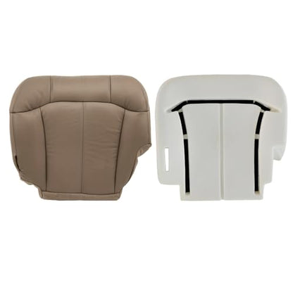 Priprilod Driver Side Bottom Replacement Leather seat Cover Tan（#522 or 52i ）＆ Foam Cushion Compatible with Chevy Silverado Tahoe Suburban/GMC Sierra Yukon 1500 2500 3500 HD1999 2000 2001 2002 - color: Med Tan