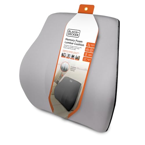 BLACK+DECKER Memory Foam Lumbar Support Pillow, Lumbar Cushion for Office, Car, Wheelchair & Airplane – Adjustable Strap, Full Back Pain Relief, Washable Cover, Grey/Blue - color: Grey/Blue
