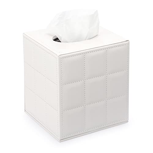 Sumnacon Square Leather Tissue Box Cover - Stylish Cube Tissue Box Holder with Magnetic Bottom, Decorative PU Tissue Box for Vanity Dresser Night Stand Table Countertop Home Office Car, Grid White - color: White