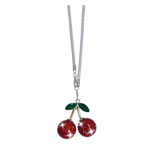 Bling Cherry Car Rear View Mirror Charm - Cute Crystal Rhinestone Rearview Mirror Hanging Pendant Accessory for Women Girl, Lucky Sparkly Diamond Auto Interior Decoration Car Ornament Presents (Red) - color: Red