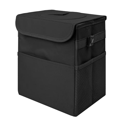 Car Trash Can Bin with Lid - Collapsible Car Garbage Can with Storage Pockets-Black Mini Leakproof Vehicle Trash Bag-Small Automotive Organizers and Storage for Back/Front Seat SUV Truck Accessories - color: Black