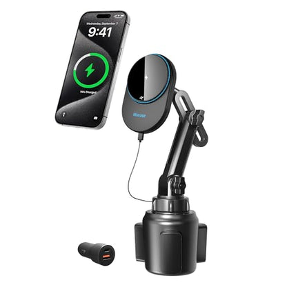 Miracase for Magsafe Car Mount Charger, 15W Fast Charging Cup Holder Phone Holder Wireless Magnetic Charger with Heat Dissipation System Only Fit iPhone 16/15/14/13/12 Series - color: Black-Wireless Charger