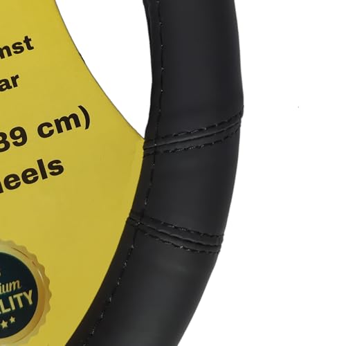 Steering Wheel Cover, Black, Real Genuine Leather, 15 inch, for Men and Women, Universal, Stretch On, Heat Resistant, Stays Cool, Non-Slip, HANWOLF - color: Black, size: Medium (14.5 to 15.375 inch diameter)