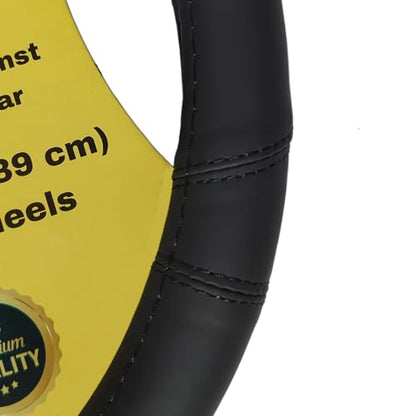 Steering Wheel Cover, Black, Real Genuine Leather, 15 inch, for Men and Women, Universal, Stretch On, Heat Resistant, Stays Cool, Non-Slip, HANWOLF - color: Black, size: Medium (14.5 to 15.375 inch diameter)