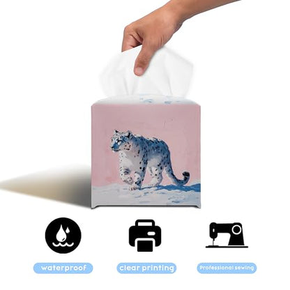 Snow Leopard Art 5.2-Inch Square PU Leather Tissue Box Cover – Hand-Stitched, Removable Liner, Bathroom, Bedroom, Living Room, Office, Gift for Snow Leopard & Animal Lovers - color: Snow Leopard
