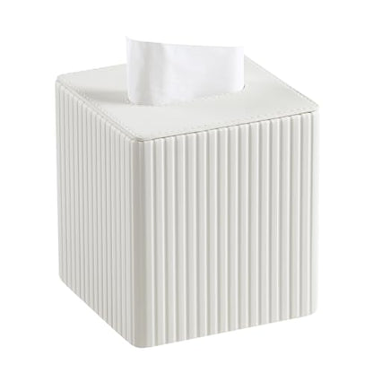 PU Leather Tissue Box Cover Square Tissue Box Holder with Magnetic Closure (Ivory Fluted) - color: Ivory Fluted
