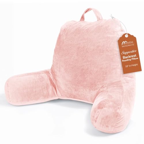 Sasttie Reading Pillow, Velvet Back Pillow for Bed Sitting Up, Adult Back-Rest Support Cushion with Arms for Sit Up on Couch, Sofa, and Floor, Dorm Essentials, Reading Accessories, Peach - color: Peach Pink, size: Standard (18-Inch)