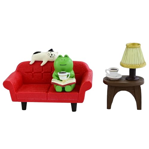Mevodeata Cute Mini Frog Figurine with Small Sofa and Lamp Table Resin Frog Figure for Office Decor (Red Long Sofa) - color: Long Sofa-red