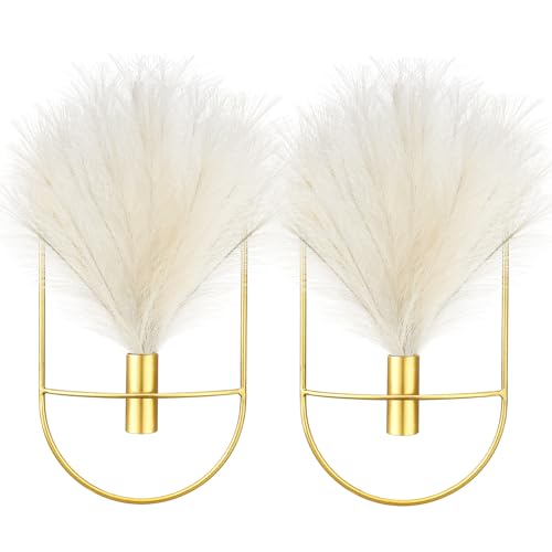 2 Pcs Boho Wall Decor Metal Gold Wall Art Hanging Planters with Artificial Pampas Modern Home Decor Display Art for Living Room Bedroom Bathroom(Oval) - style: Oval