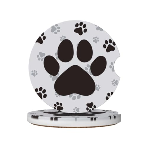 Grey Dog Paws Car Coasters for Cup Holders,2 Pack Car Cup Holder Coasters for Car,Ceramic Absorbent Car Coaster with A Finger Notch and Cork Base,Car Interior Accessories for Women Men - color: Grey Dog Paws