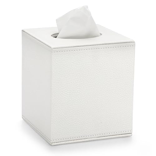 Sumnacon Tissue Box Cover Square Tissue Box Stylish PU Tissue Box Holder with Magnetic Bottom, Cube Leather Tissue Cover for Living Room Bathroom Table Desk Home Office Car,White - color: White