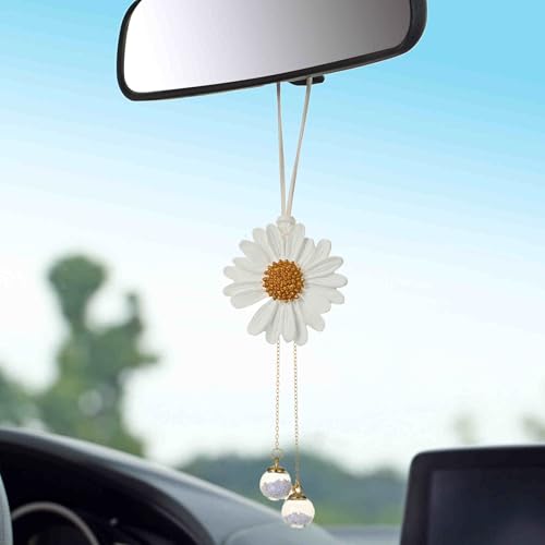 Daisy Car Hanging Ornaments for Women Girls Cute Sunflower Car Rear View Mirror Hanging Charms Automotive Interior Aesthetic Decoration Accessories Gift (White) - color: White