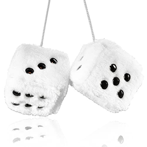 Fuzzy Plush Dice for Car Mirror, Pair of Retro 3” White Dice with Black Dots for Car Interior Hanging Ornament Decoration - color: White