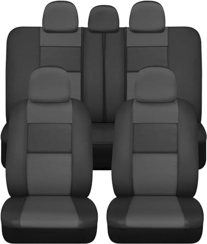PU Leather Car Seat Covers w/Two-Tone Carpet/Vinyl Trim Car Floor Mats – Front and Back Split Bench Seat Covers, Steering Wheel Cover, Floor Mats for Cars Trucks Vans and SUVs (Black/Gray) - color: Charcoal