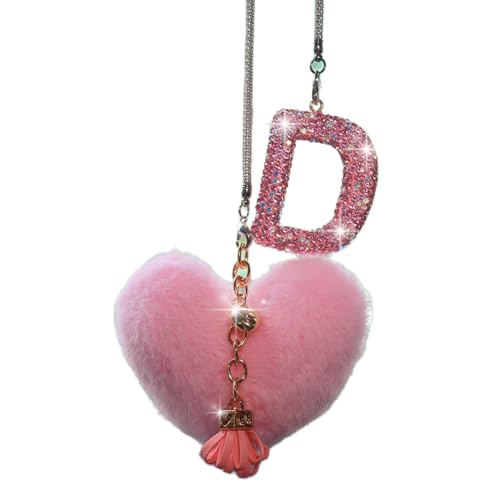 Bling Pink Car Accessories for Women Letter Charm, Rainbow Color Rear View Mirror Cute Crystal Pendant Car Decorations, Lucky Gifts Diamond Rhinestone Charm Interior (D, Tassel Heart) - color: Pink D