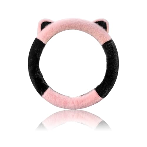 Car Steering Wheel Cover, Cute Steering Wheel Protector with Kitty Cat Ears,Fluffy Soft Plush for Winter Warm, Universal Fit 15 inches for Car,SUV, Elastic & Anti-Slip (Black/Pink) - color: Black/Pink
