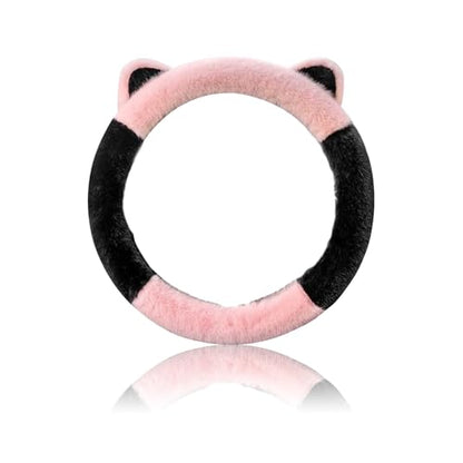 Car Steering Wheel Cover, Cute Steering Wheel Protector with Kitty Cat Ears,Fluffy Soft Plush for Winter Warm, Universal Fit 15 inches for Car,SUV, Elastic & Anti-Slip (Black/Pink) - color: Black/Pink