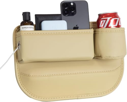 Car Seat Gap Filler Organizer with Cup Holders, Seat Gap Storage Box for Drinks, Phones, Keys, Sunglasses, Cards, and Small Essentials (Beige, Passenger Seat)