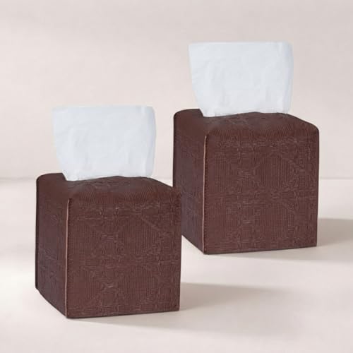 Tissue Box Cover 2-Pack, Square Tissue Holder with Bottom Belt, Modern Tissue Case Facial Paper Organizer Dispenser for Bathroom, Office, Home, Table, Car, Brown, Linen Pattern - color: Brown, size: Linen Pattern