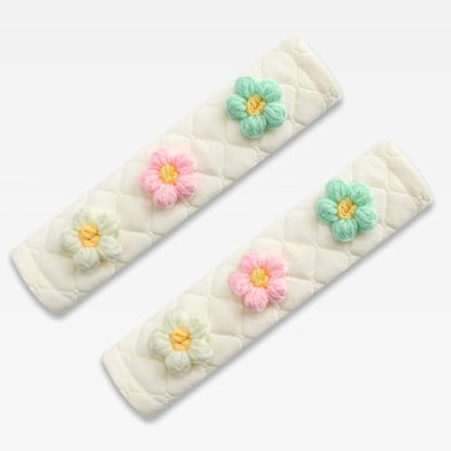Soft Auto Seat Belt Cover Seatbelt Shoulder Pad Cushions 2 PCS for a More Comfortable Driving Universal Fit for All Cars and Backpack Off-White Knitted Flower (Green & Pink)