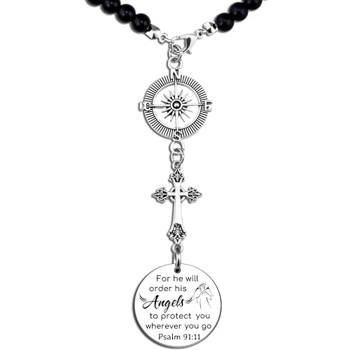 Car Cross Charms Christian Car Accessories Rear View Mirror Hanging Accessories for He Will Order His Angels to Protect You Wherever You Will Go Cars Rosary Bible Verse Religious Gifts for Women