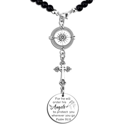 Car Cross Charms Christian Car Accessories Rear View Mirror Hanging Accessories for He Will Order His Angels to Protect You Wherever You Will Go Cars Rosary Bible Verse Religious Gifts for Women