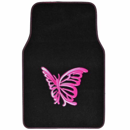 BDK Pink Butterfly Design Carpet Car Floor Mats for Auto Van Truck SUV-4 Pieces Front & Rear Full Set with Rubber Backing-Universal Fit - color: Pink Butterfly Design