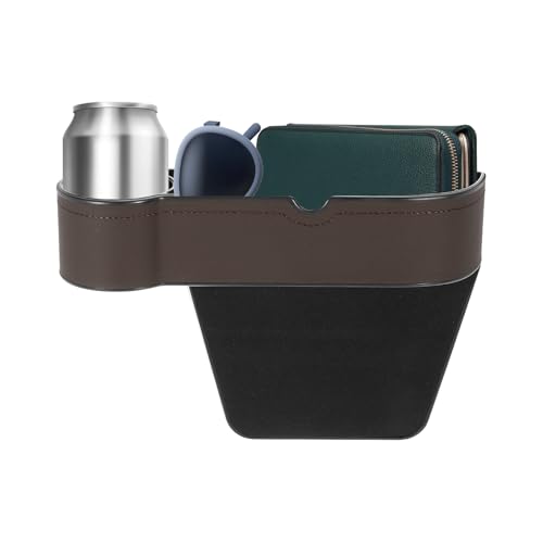 HARFINGTON Car Seat Gap Filler Organizer 10.6 x 7.1 x 2.8 Inch ABS+Leather Universal Car Organizer Storage Box Between Seat and Console (Left) with Cup Holders for Phone Keys, Brown - color: Brown