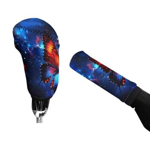 AFPANQZ Car Gear Shift Knobs Covers with Hand Brake Cover Sleeve 2 Piece Set Butterfly Starry Cloud Print Car Hand Brake Cover for Women Men, Car Accessories for Women Men - color: Butterfly Starry Cloud