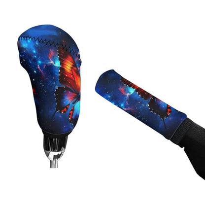 AFPANQZ Car Gear Shift Knobs Covers with Hand Brake Cover Sleeve 2 Piece Set Butterfly Starry Cloud Print Car Hand Brake Cover for Women Men, Car Accessories for Women Men - color: Butterfly Starry Cloud