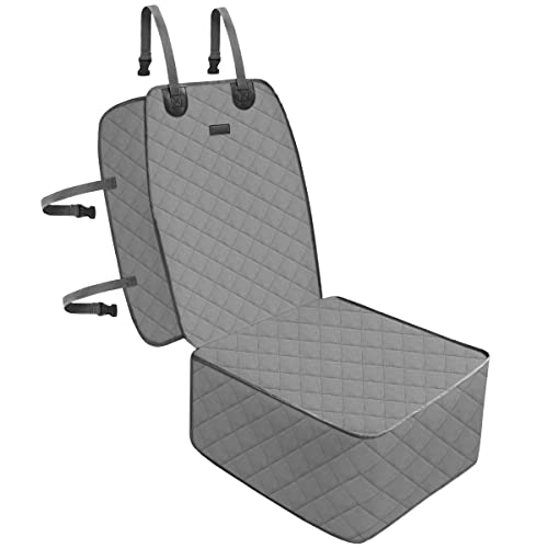 Dog Car Front Seat Cover with Side Flaps & Buckle Straps for Pet, 100% Waterproof 600D Oxford Single Seat Protector Heavy Duty Quilted Scratch Proof, Universal Size for SUV Truck, Grey
