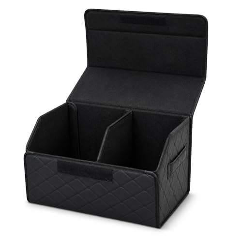 2Pack Leather Trunk Organizer for SUV & Sedans - Extra Large Foldable Car Storage Box with Lid, Adjustable Removable Dividers and Carry Handle, Collapsible Auto Cargo Organizer Black