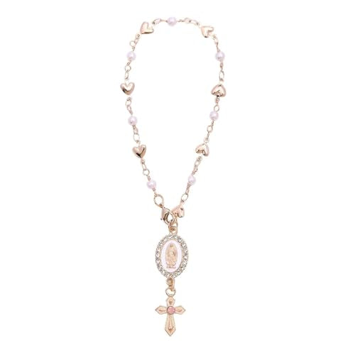 Steering Wheel Rosary Charm, Steering Wheel Accessory with Virgin Mary Charm & Cross, Pearl Heart Chain Catholic Car Interior Hanging Decor (Pink) - color: Pink