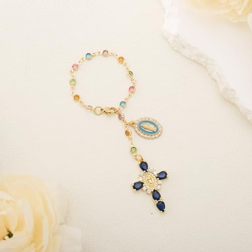Virgen De Guadalupe Car Charm - Steering Wheel Accessory & Rearview Mirror Hanging, Cross Pendant Automotive Protection Decor - color: Gold-navy