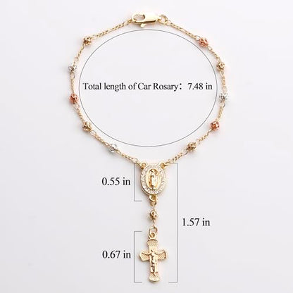 Gold Plated Beads Catholic Guadalupe Car Rearview Mirror Rosary Hanging Charm Chain for Women with Gift Box - color: Hollow beads