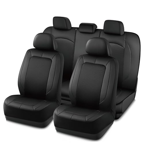 PIC AUTO Car Seat Cover, Pinping Leather and Mesh Seat Cover for Cars, Stylish Two-Tone Design Full Set Seat Covers, Breathable, Universal Fit,Comfortable and Durable SUVs, and Trucks(Black) - color: Black, size: Full Set