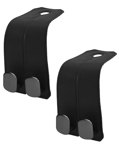 2 Pcs Car Hooks for Headrest, Adjustable Vehicle Seat Back Car Organizers and Storage Accessories, Universal Fit Double Metal Leather Purse Holder for Car(Black) - color: Black