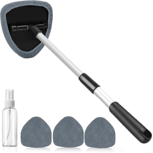 desin Windshield Cleaning Tool, Car Window Cleaner Windshield Cleaner with 4 Reusable and Washable Microfiber Pads and Extendable Handle Auto Inside Glass Wiper - color: Gray